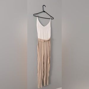 Tan and White Linen Jumpsuit